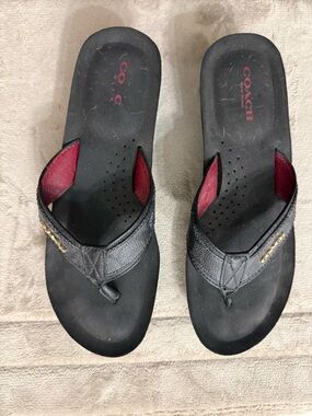 Coach Black Leather Thong Sandals with Red Accents